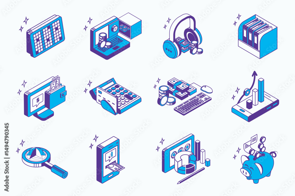 Poster accounting and auditing concept 3d isometric icons set for web isometry design. collection elements 