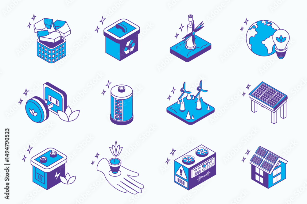 Fototapete clean energy concept 3d isometric icons set for web isometry design. collection elements of recyclin