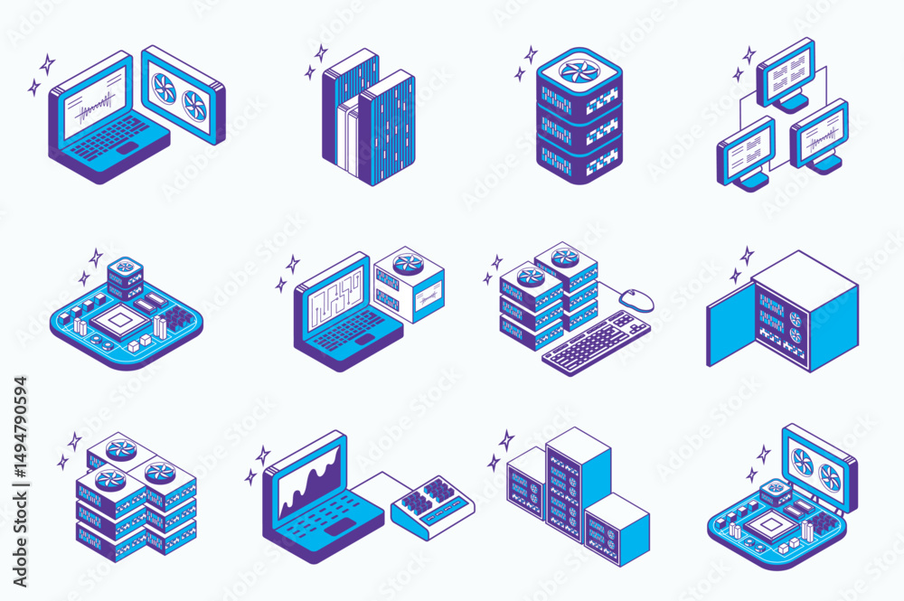 Poster Data center concept 3d isometric icons set for web isometry design. Collection elements of laptop processing, hardware infrastructure, rack system, connection, computing, more. Vector illustration.