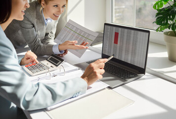 Two financial accountants analysing business spreadsheets on laptop computer, sitting at office desk, looking through paper documents, using calculator working with databases, checking excel tables