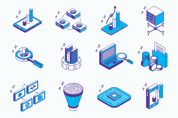 Naklejka premium Big data analysis concept 3d isometric icons set for web isometry design. Collection elements of statistics charts, computing hardware system, research, diagram, storage, more. Vector illustration.