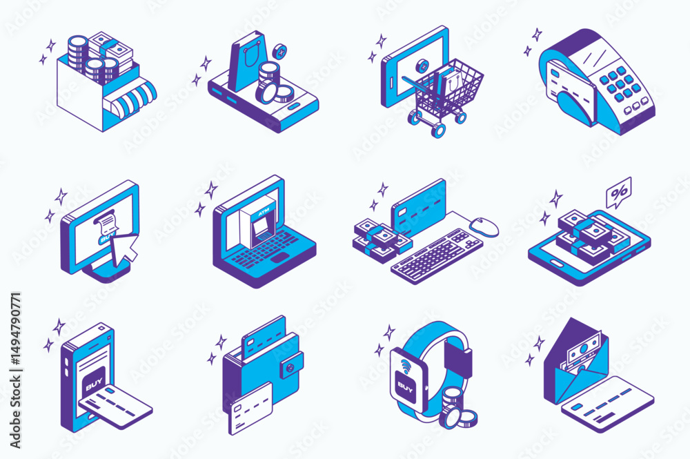 Poster E-commerce platform concept 3d isometric icons set for web isometry design. Collection elements of online shopping, terminal with bill, credit card, internet payment, sale, more. Vector illustration.