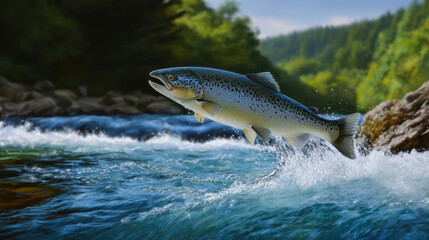Obraz premium Salmon jumps out of clear blue river among lush green trees in bright sunlight