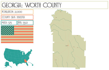 Large and detailed map of Worth County in Georgia USA.