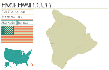 Large and detailed map of Hawaii County in Hawaii USA.
