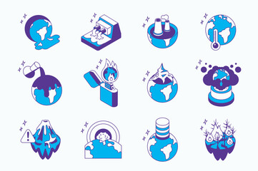 Fototapeta premium Global warming and pollution concept 3d isometric icons set for web isometry design. Collection elements of planet heat, toxic pollution, climate change, ecology disaster, more. Vector illustration.