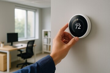 A person adjusts a smart thermostat set to 72 degrees in a modern office environment.