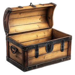 An open wooden treasure chest, showcasing its interior for storage or display purposes.