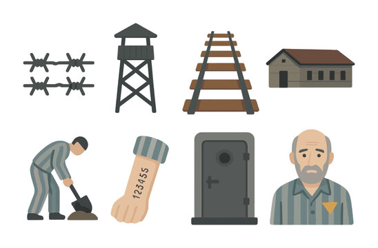 Historical concentration camp symbols and imagery for educational use