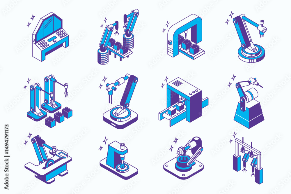 Poster robotization industry concept 3d isometric icons set for web isometry design. collection elements of
