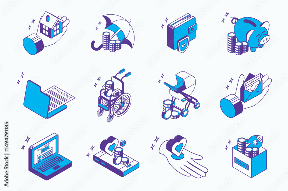 Wall mural social security concept 3d isometric icons set for web isometry design. collection elements of mortg
