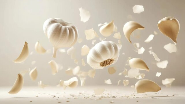 Garlic cloves and pieces of garlic skin appearing to be falling or suspended in mid-air.