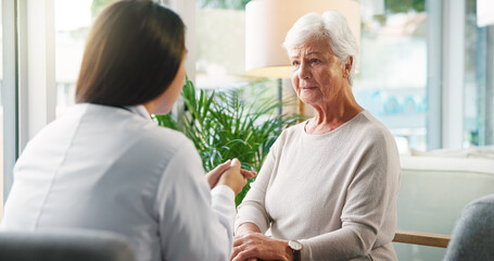 Doctor, senior woman and sad with talk for diagnosis, info or bad news for health services in...