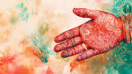 Mughal wedding card with mehendi design, watercolor background, Rajasthani tropical mural illustration Stock Illustration