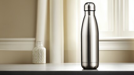 Modern Stainless Steel Thermos Bottle on Light Countertop – Minimalist Neutral Room Interior with Soft Window Light