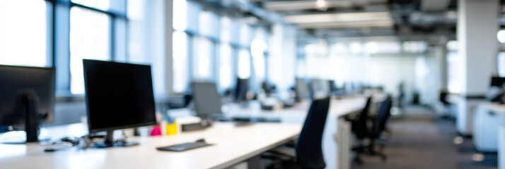Modern office interior featuring multiple workstations and natural light during daytime hours