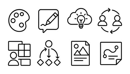 Creative thinking line icons set – outline, brainstorming and collaboration tools