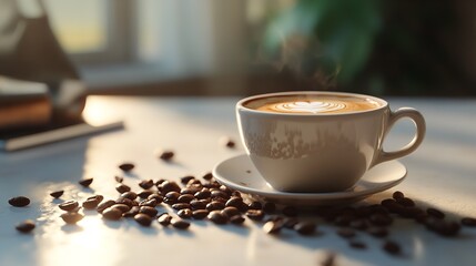 A cup of coffee with coffee beans scattered around it