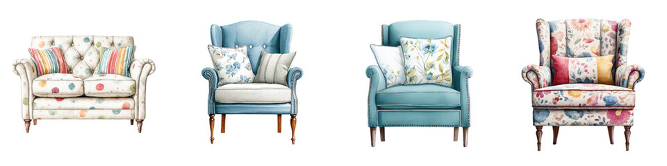 A collection of traditional elegantly upholstered floral furniture pieces