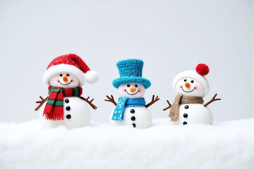 three snowmen wearing hats and scarfs in the snow