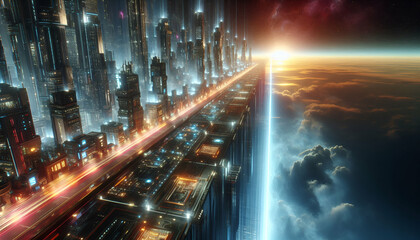 Fototapeta premium A futuristic city built along the edge of a glowing abyss, with neon lights reflecting into the void.
