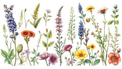 Large collection of hand-drawn Provence herbs & plants, isolated vector illustrations Flat style, textured, drawing, copy space