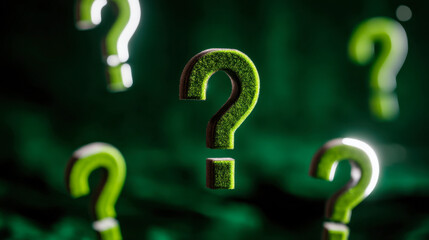 Green question marks floating against a dark background, highlighting uncertainty and inquiry