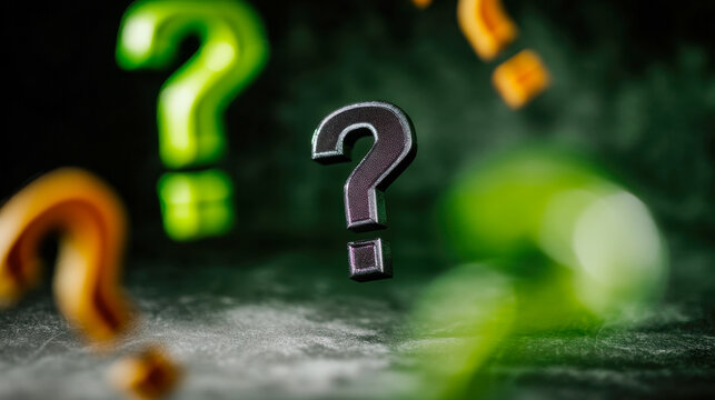 Colorful question marks floating above a blurred green background in a creative setup - Powered by Adobe