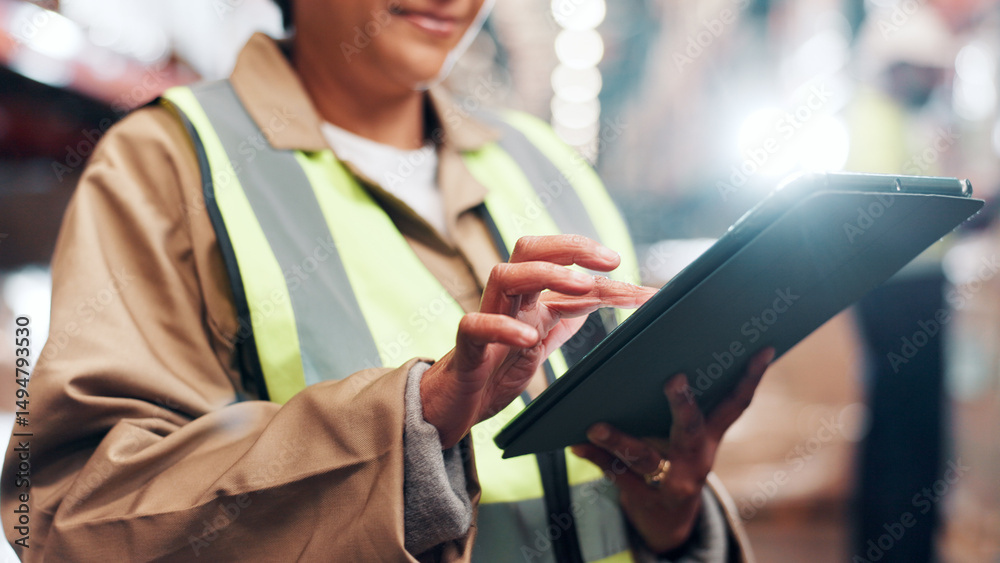 Poster distribution, hands and person with tablet in warehouse, quality assurance and inventory management.