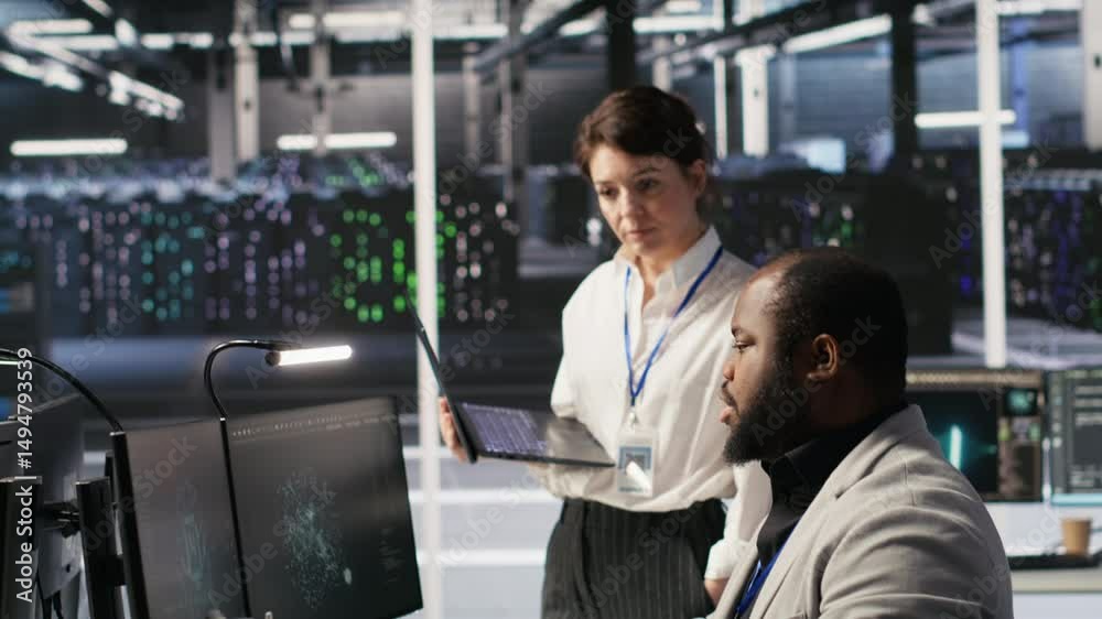 Poster happy data center manager providing positive feedback to engineer developing neural networks softwar