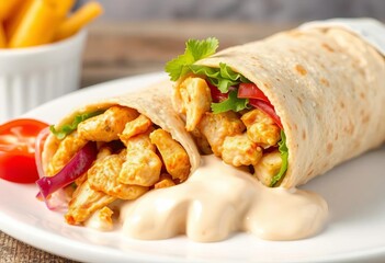 Juicy chicken shawarma roll with fresh vegetables and creamy sauce on white, food photography, lunch