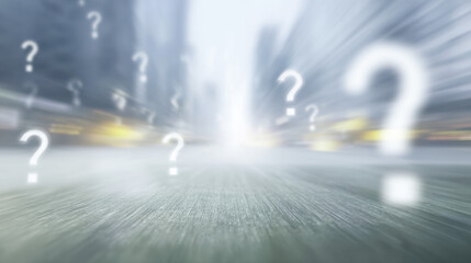 Abstract urban backdrop with question marks suggesting uncertainty in a bustling city environment