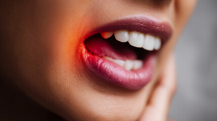 Close-up of a person with dental discomfort showcasing a swollen gum and vibrant lip color