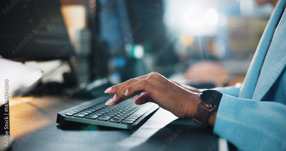Fototapete Office, hands and typing with computer for web development, coding and research. Business career, night and programmer with keyboard for programming, software update or professional person in closeup