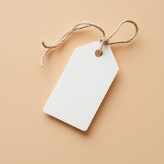 Blank white tag with jute twine, isolated on beige background