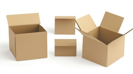 Three empty cardboard boxes, various open states, isolated on white