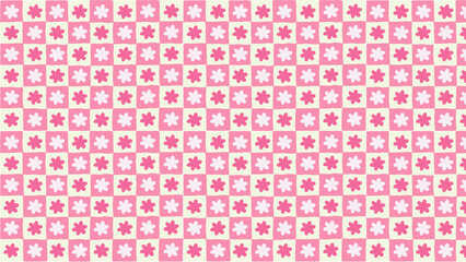 Pink and white checkered pattern with stylized flower shapes in alternating squares backdrop design
