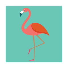 Simple illustration of a flamingo in flat design standing on one leg with teal background