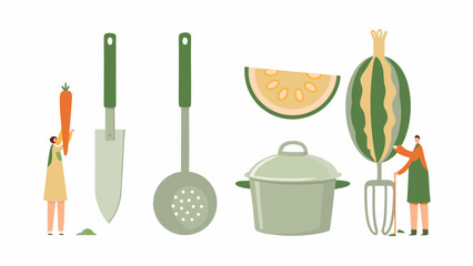 Illustration of people with oversized vegetables and kitchen utensils on a white background art work