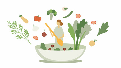 Illustration of a woman preparing a salad with various vegetables and ingredients in a large white bowl