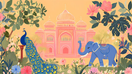 Traditional Indian Jaipur style decorative arch, palace garden themed wedding frame with elephant, peacock, flower illustration Stock Illustration.