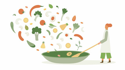 Illustration of a person cooking with vegetables and herbs in a bowl with a wooden spoon on a white background