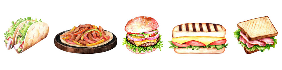 Various Sandwiches And Wraps. Culinary Diversity And Fast Food Art Watercolor Set Illustration Isolated On Transparent Background