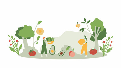 Two figures harvest vegetables and fruits in a garden landscape with trees and plants scenery design