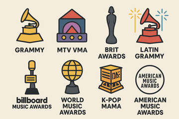Music awards icons set – flat, outline, trophy and achievement symbols