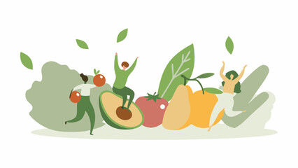 Illustration of people interacting with various fruits and vegetables in a playful and healthy manner