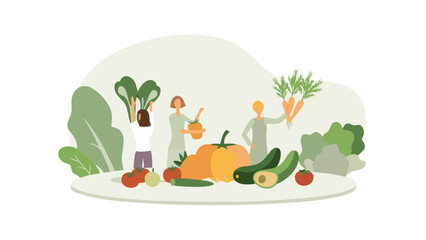 People harvesting fresh vegetables including tomatoes carrots and pumpkins in a farm setting illustration