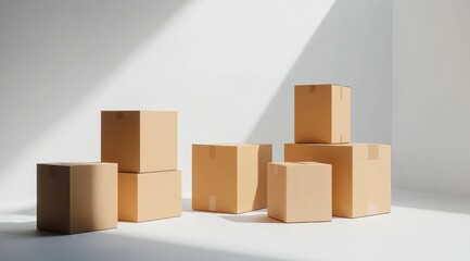 Cardboard boxes of various sizes stacked in a sunlit room