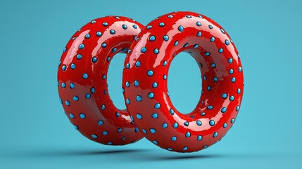Two red, glossy, torus shapes adorned with small blue dots, against a light blue backdrop