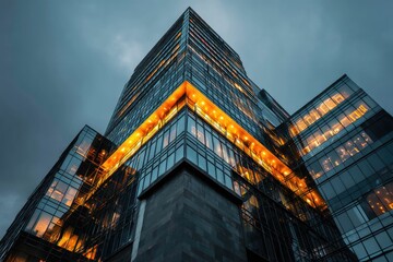 Futuristic business tower glowing in twilight